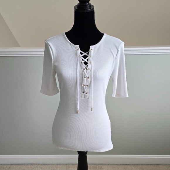 WHBM FORME Short Sleeve Lace Up Criss Cross White Ribbed Top Size Medium NWT - Picture 4 of 8